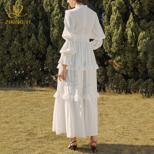 Abiti Lunghi Casual da Donna con Colletto Rialzato, Volant Decorativo sul Petto, <span class=keywords><strong>Maniche</strong></span> Elastiche a Campana, Tinta Unita e Vita Stretta - Product Image 3