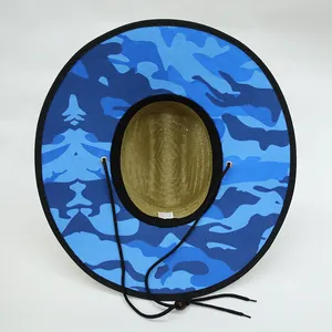 Topi jerami Lifeguard kustom topi jerami Logo Patch dicetak rumput alami berselancar pantai tepi lebar topi jerami pelindung matahari