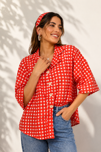 Camiseta de Picnic en Positano para Mujer |   Tela Popelina de Algodón con Patrón Geométrico Informal |   Ropa Casual con Botones al Frente - Product Image 3
