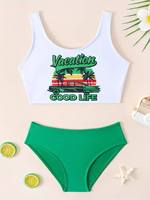 Nouvel ensemble de maillot de bain deux pièces réversible à séchage rapide et écologique pour filles et enfants 2026, avec haut de bikini dos nu et débardeur superposé à volants motif palmier