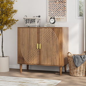 Modern Farmhouse Walnut Wood <b>Sideboard</b> Buffet Cabinet with Line Groove Design <b>Storage</b> for Living Room Dining - Product Image 2
