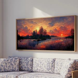 Peinture à l'huile Coucher de soleil sur lac sur toile, prête à accrocher, encadrée style galerie, thème nature et vie lacustre, pour la maison et les collections - Product Image 3