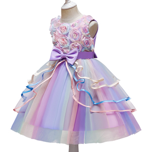 Robe de princesse pour filles à imprimé floral avec nœud papillon, en tulle et dentelle à volants, idéale pour les fêtes et mariages - Product Image 3
