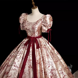 Evening Gown Ball Gown Floral Print Square Collar Claret Polyester Reunion Party Dress - Product Image 3