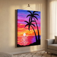 Kit de Peinture par Numéros DIY OEM en Gros - Coucher de Soleil sur Plage avec Palmiers - Toile pour Adultes - Peinture Acrylique - Cadeau de Noël