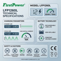 FirstPower LFP1260L 12V 60Ah Batería de Perfil Bajo con Carcasa Ignífuga y BMS para Vehículos Turísticos, Monitoreo Fluvial y Almacenamiento de Energía Solar Fotovoltaica