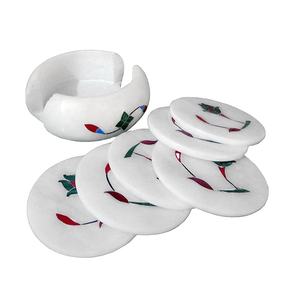 Accessoires pour Bar de vin, dessous de verre en marbre, fait à la main, avec support, en pierre de couleur blanche, avec incrustation de feuille de fleur - Product Image 1