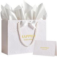 Bolsa de Regalo de Boda Blanca con Asa de Perlas en Relieve y Estampado de Feliz Siempre Después para Despedida de Soltera, Bolsas Elegantes Premium