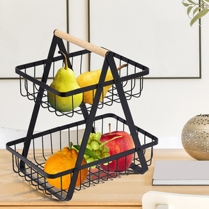 Metal Double Layer Fruit <b>Basket</b> With Wooden Handle Durable Storage Rack For Kitchen Living Room Black And White - Product Image 5
