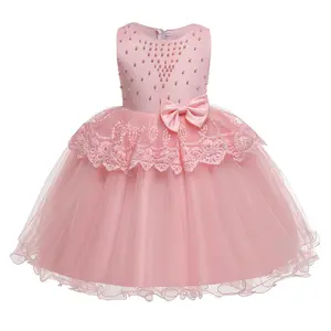 Baby Pearls Tulle Princess Wedding Dress Children Girl Big Bowknot Skirt Clothes Kids Bow Tutu Party Frock Girls Dresses