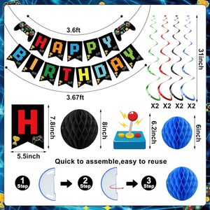 Kit de Decoración de Papel para Fiesta de <span class=keywords><strong>Cumpleaños</strong></span> con Temática de Videojuegos, Incluye Pancarta de <span class=keywords><strong>Feliz</strong></span> <span class=keywords><strong>Cumpleaños</strong></span>, Espirales Colgantes, Globos de Panal y Trofeos para Niños - Product Image 2