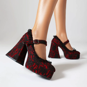 Zapatos de tacón alto con plataforma de encaje para mujer, zapatos Mary Jane con correa de hebilla, zapatos de vestir con punta cuadrada, zapatos de encaje antideslizantes para invierno - Product Image 6