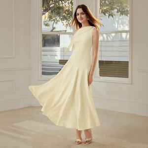 Robe décontractée unie <span class=keywords><strong>chic</strong></span> pour <span class=keywords><strong>femme</strong></span>, jaune pâle, col montant, avec détail nœud, jupe fluide, respirante, écologique, moulante, pour soirée - Product Image 1