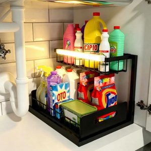 Organisateur sous évier intelligent à détecteur de mouvement avec éclairage LED, étagère de rangement coulissante à 2 niveaux avec tiroir extractible pour armoire de cuisine et salle de bain - Product Image 1