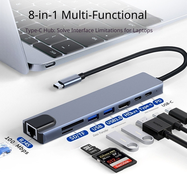 Wholesale 8 in 1 USB C Hub 100Mbps RJ45 HDTV 4K PD 100W Charging Aluminum Multiport Type-C Docking Station