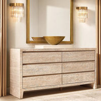 Console multimédia élégante en travertin beige à 6 tiroirs, meuble de rangement moderne et organique, armoires en pierre naturelle