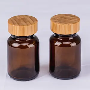 60cc Medicina Contenitore Della Pillola Coperchio Di Bambù Bottiglia di Vetro Ambrato Con Tappo A Vite