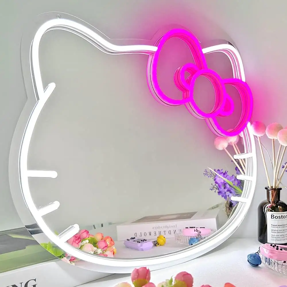 Make-Upspiegel Spiegel Met Neonbord Custom Hello Kitty Light Up Spiegel Touch Schakelaar Tafelblad Neon Spiegel Verlichting