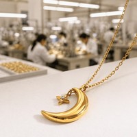 Collier Pendentif Lune et Étoile Prêt à Expédier en Gros, Accessoire de Mode, Bijoux en Acier Inoxydable Plaqué Or 18K