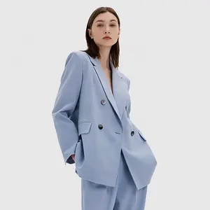 Venta al por mayor señoras temperamento liso azul claro prendas de vestir abrigo doble botonadura chaqueta de manga larga para las mujeres