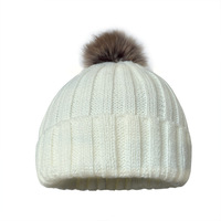 Bonnet en tricot à pompon pour femme, bonnet en acrylique épais et chaud à revers doublé polaire, couleur unie, mode automne-hiver