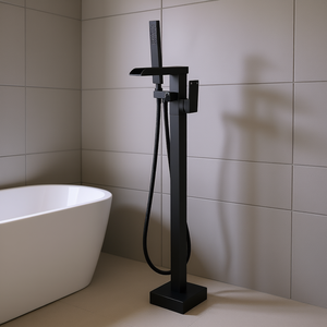 Grifo de bañera independiente Db de un solo manípulo, negro mate, de montaje en suelo con ducha de mano de chorro suave para uso en baño - Product Image 2