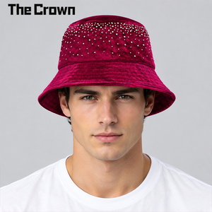 Sombrero de cubo personalizado al por mayor con pedrería de alta calidad, textura de terciopelo, estilo urbano brillante, moda casual unisex, proveedor a granel - Product Image 1