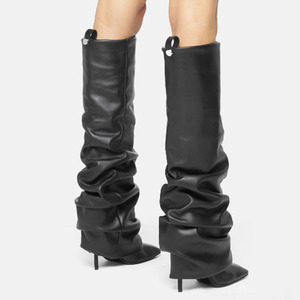 Women's Pleated Upper Long Pants <b>Boots</b> High Thin Heels Square Toe Overlay Shoes Dress Stiletto Knee High Booties - Product Image 4