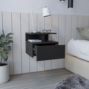 Mesa de Noche Flotante Adele Negra con Cajón y Estantes Abiertos para Dormitorio - Product Image 4