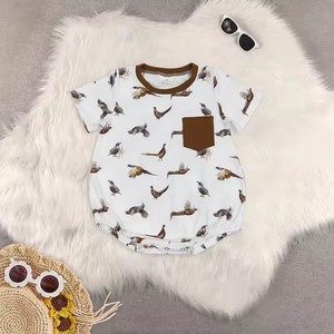 Ensemble de vêtements pour bébés garçons Longlv en gros – Combinaison décontractée en coton/élasthanne avec imprimé oiseau marron et short bulle – Tenues d'été pour tout-petits - Product Image 3