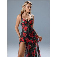 Robe de nuit élégante pour femme, sexy, florale, à bretelles, moulante, asymétrique et fendue