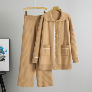 Conjunto de Suéter Tejido para Mujer, Otoño, Manga Larga, Cárdigan y Pantalones, Dos Piezas, Cintura Alta, Cómodo y Casual - Product Image 1