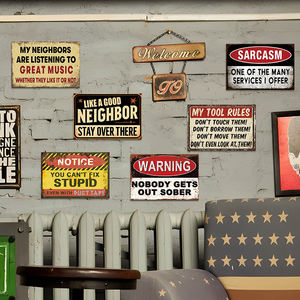 Ensemble de panneaux métalliques humoristiques rustiques avec des règles pour les outils musicaux des voisins et un avertissement de sarcasme pour la décoration murale de la cave, du garage ou du bar - Product Image 3