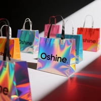 Sac Cadeau Holographique de Luxe en Papier avec Poignée en Tissu Noir, Sac Fourre-tout Personnalisé avec Logo Doré pour Cadeaux Haut de Gamme