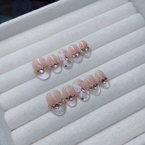 Adesivi per Unghie Ovali con Foglie di Giada Dorata, Bestseller, Fatti a Mano, con Strass, Rimovibili, per Manicure Pronta all'Uso - Product Image 2