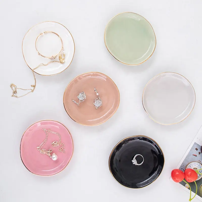 Pink White Colorful Ceramic Jewelry Tray Ring Dish Irregular Oval Shape With Gold Rim Trinket Tray Custom Logo