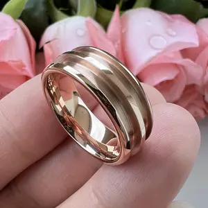 Coolstyle Jewelry 8mm Rose Gold Tungsten Blank Core Ring For Customized Inlay With 2.5mm Double Grooves Domed Comfort Fit