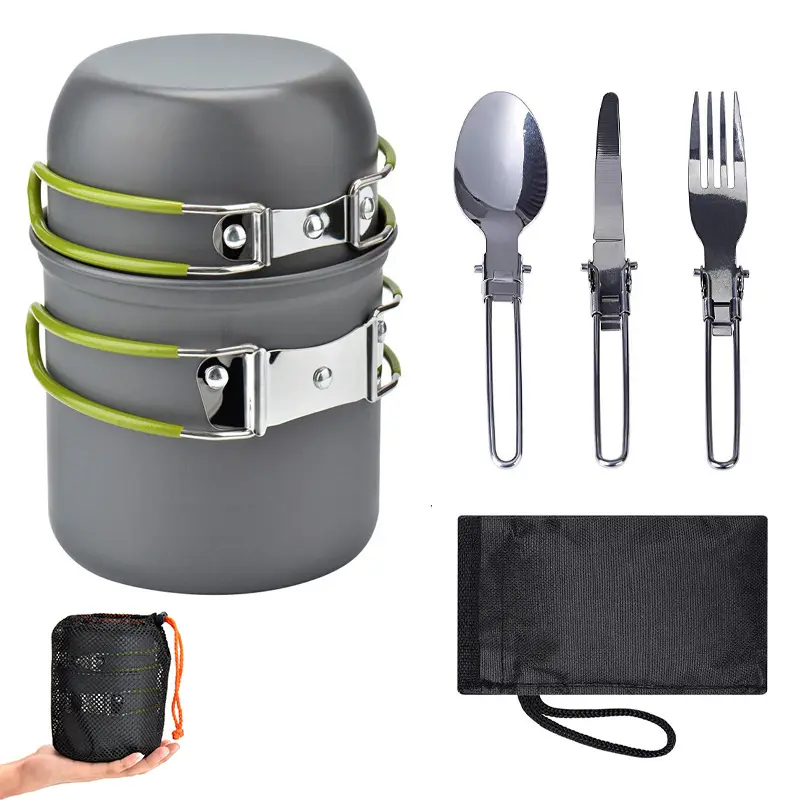 CPK-PT019 1-2 Person Outdoor Pot Set 5pcs Camping Cookware Non Stick Pot Knife Spoon Set Portable Camping Cooker With Cutlery