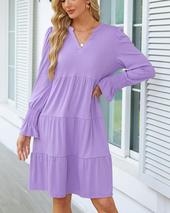 Premium Elegant Ladies V-Neck Long Sleeve <strong>Floaty</strong> Ruffle <strong>Dress</strong> Fashion Summer Collection Knee-Length Travel Beach Solid Sun <strong>Dress</strong> - Product Image 3