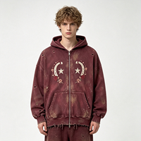 Sweat à capuche zippé épais bordeaux, délavage vintage, effet vieilli, broderie étoile, lune et rose, délavage acide, streetwear, molleton de coton