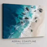 Impression murale aérienne de la côte turquoise, paysage marin de récif et de plage pour salon, hôtel, complexe hôtelier, intérieurs côtiers