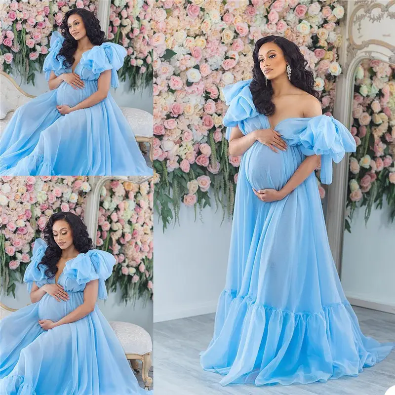 Light blue bride wedding dress bubble sleeve maternity dress pregnant woman wedding dress loose style studio photography art pho