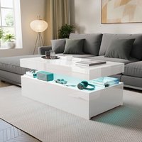Table basse moderne en bois avec plateau brillant, 2 tiroirs, éclairage LED RGB, design rectangulaire pour la maison, salon