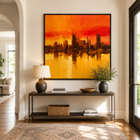 Peinture à l'huile abstraite de paysage urbain orange de luxe, peinte à la main, skyline urbain texturé, art mural sur toile, peinture à l'huile pour hôtel, bureau