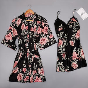 Ensemble robe et robe <span class=keywords><strong>de</strong></span> nuit 2 pièces Robe <span class=keywords><strong>de</strong></span> nuit élégante Mini peignoir pour femmes Kimono Lace Sexy Female Sleepwear Nighties Pajama Set - Product Image 5