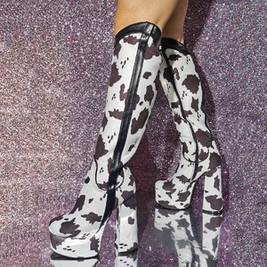 Wide Fit Cow Print Women Knee-High <b>Boots</b> Chunky Heels Platform Shoes Fancy Women's Big Size 47 Gothic Styles Long Booties - Product Image 2