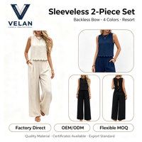 Ensemble de pantalon large et haut sans manches VELAN pour femme, avec nœud à nouer dans le dos, idéal pour l'été – Vêtements de détente tendance pour femme