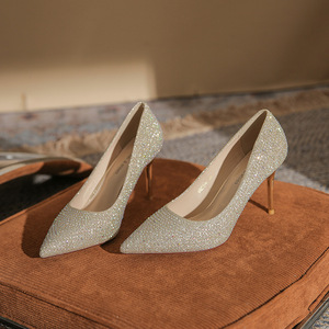 Escarpins à talons aiguilles pointus à paillettes, chaussures de mariée à talons hauts, tendance mode femme 6681-9 - Product Image 1