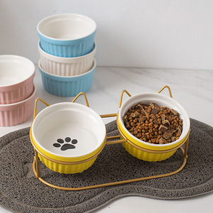 Ensemble de bols pour nourriture pour chats en céramique rose avec motif de poisson et de patte pour chats et petits chiens - Product Image 2