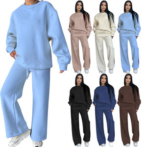 Herfst Winter Custom Logo Hoge Kwaliteit Effen Kleur Dames Crew Neck Lange Mouw Wijde Pijpen Broek Relaxed Fit Dames Tweedelig Set - Product Image 1